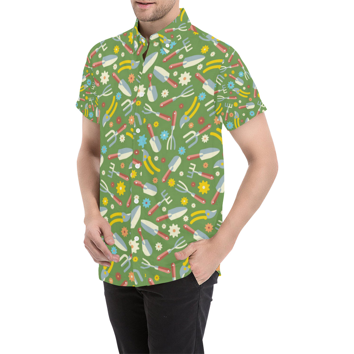 Gardening Pattern Print Design G06 Men's Short Sleeve Button Up Shirt