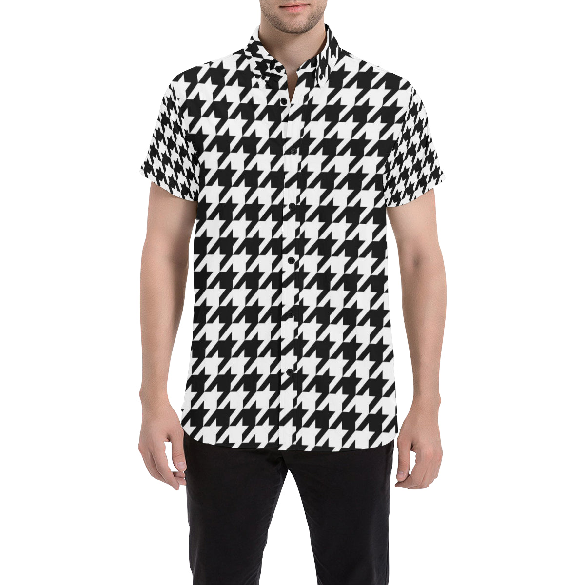Houndstooth Black White  Pattern Print Design 05 Men's Short Sleeve Button Up Shirt