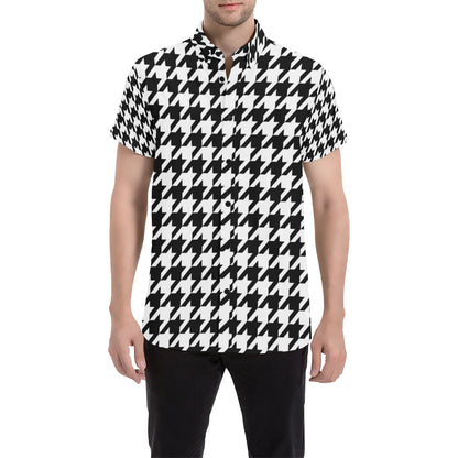 Houndstooth Black White  Pattern Print Design 05 Men's Short Sleeve Button Up Shirt