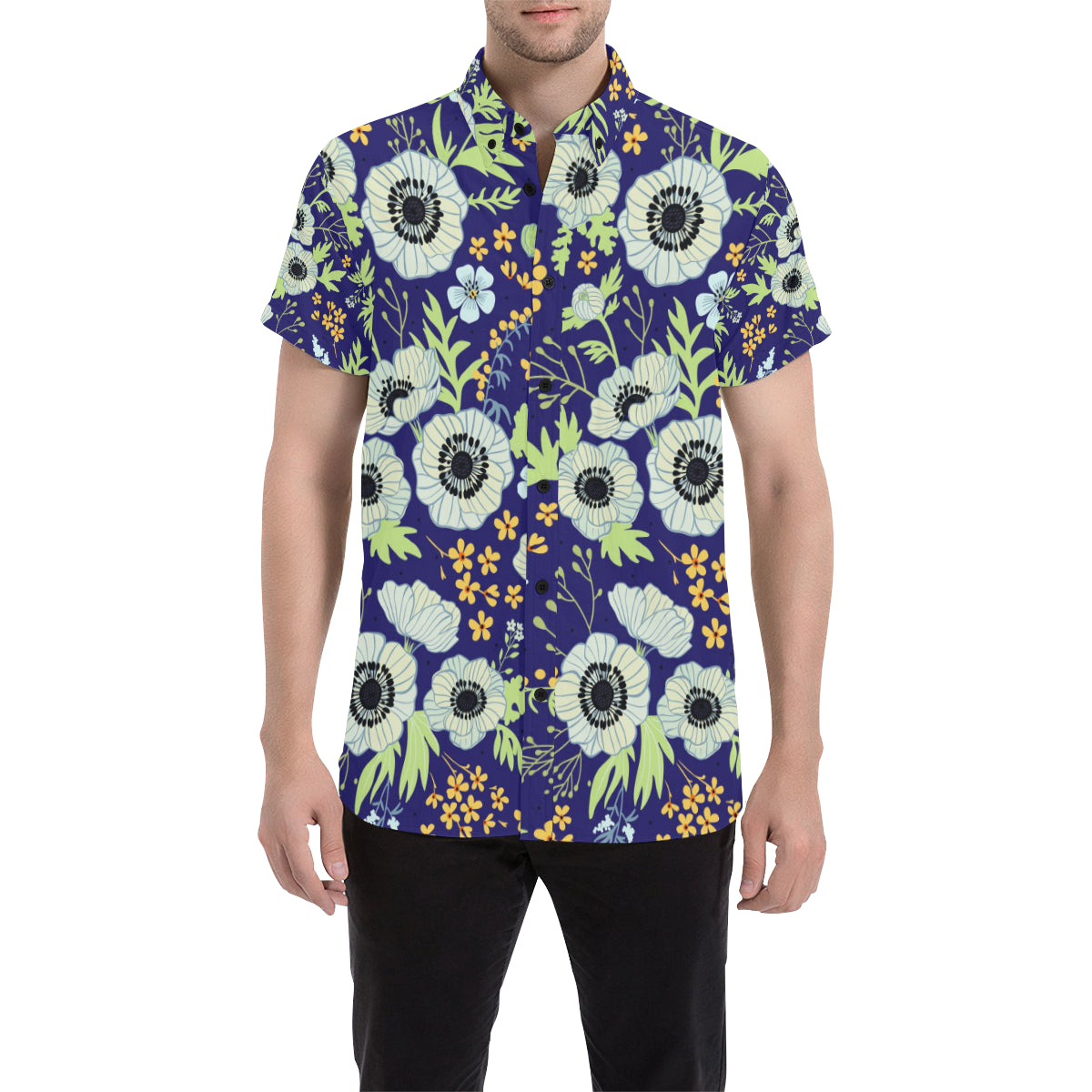 Anemone Pattern Print Design AM06 Men's Short Sleeve Button Up Shirt