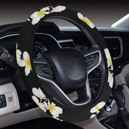 White Plumeria Pattern Print Design PM08 Steering Wheel Cover with Elastic Edge