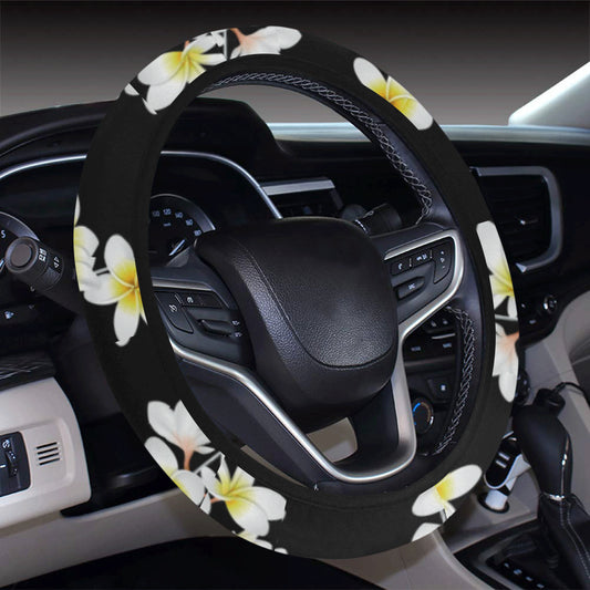 White Plumeria Pattern Print Design PM08 Steering Wheel Cover with Elastic Edge