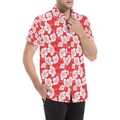 Flower Hawaiian Hibiscus Red Background Print Men's Short Sleeve Button Up Shirt