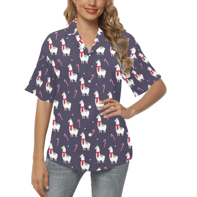 Llama with Candy Cane Themed Print Women's Hawaiian Shirt