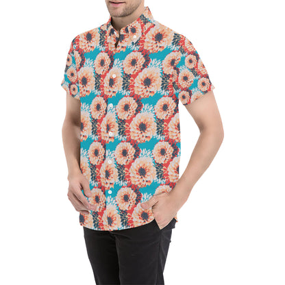 Dahlia Pattern Print Design DH05 Men's Short Sleeve Button Up Shirt