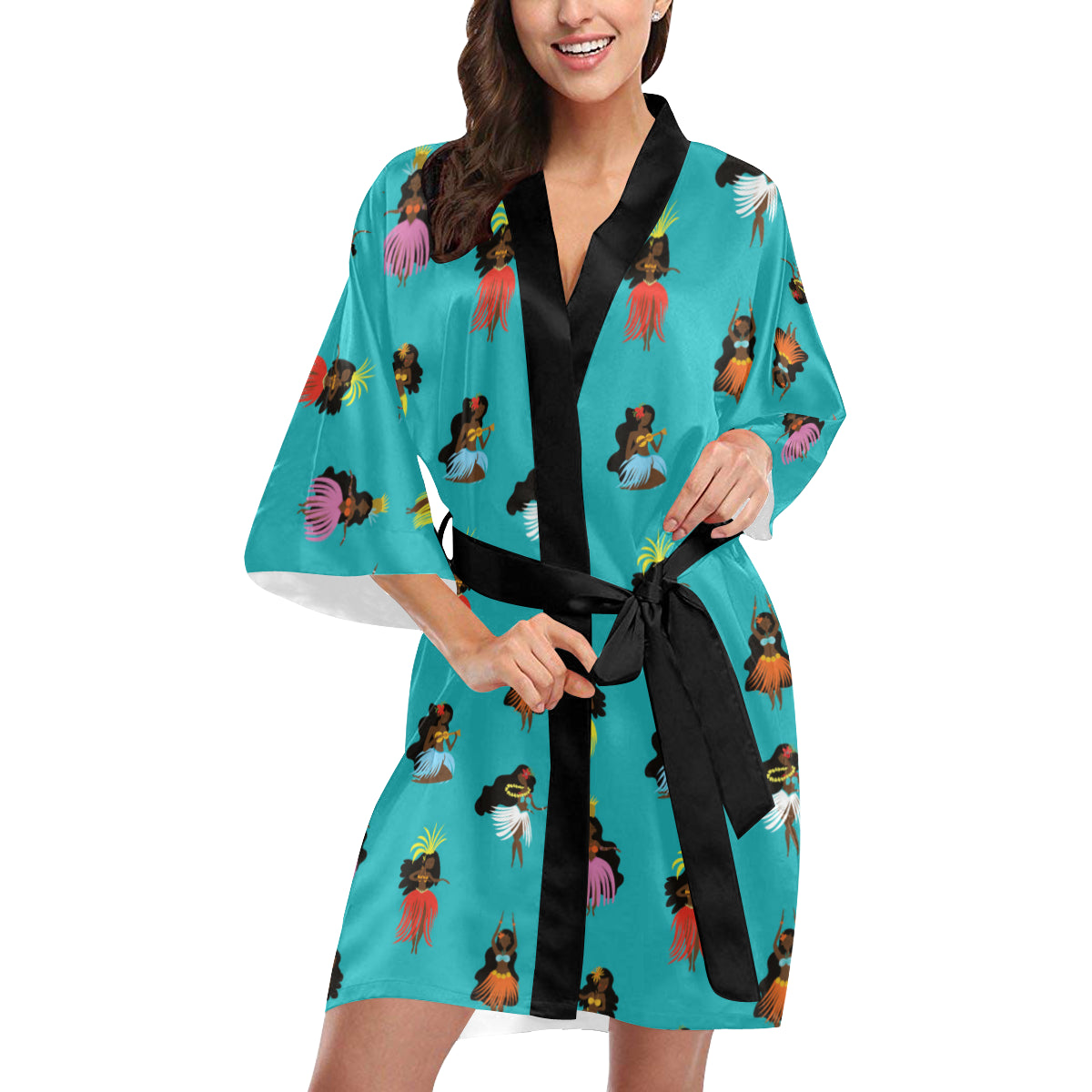 Hula Dancers Pattern Print Design 04 Women's Short Kimono