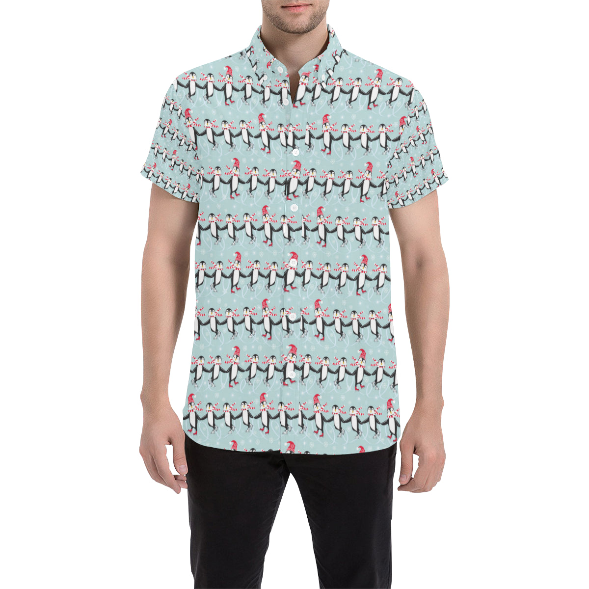Penguin Sking Design Men's Short Sleeve Button Up Shirt