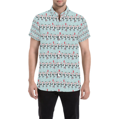 Penguin Sking Design Men's Short Sleeve Button Up Shirt