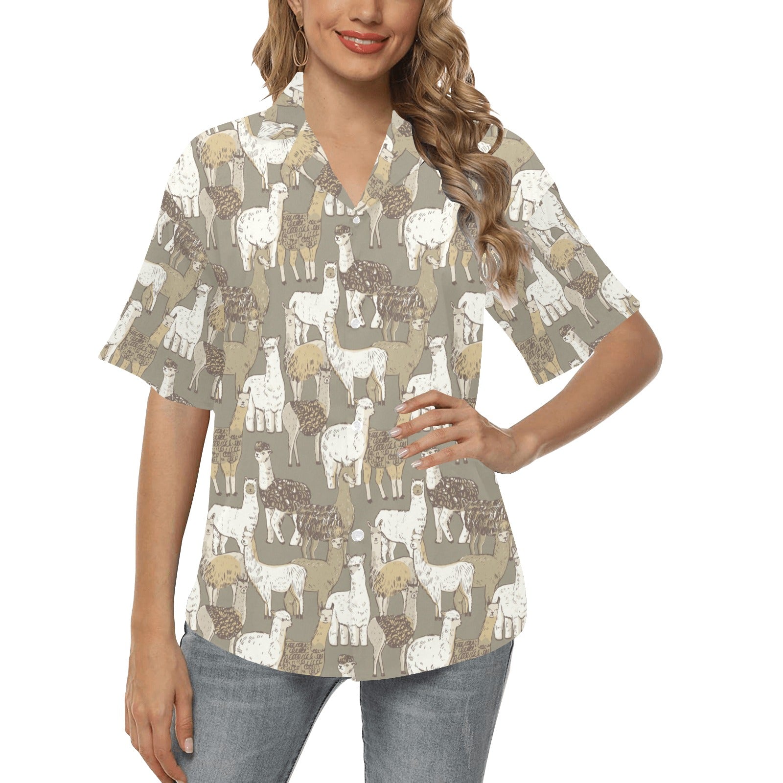 Alpaca Pattern Print Design 01 Women's Hawaiian Shirt