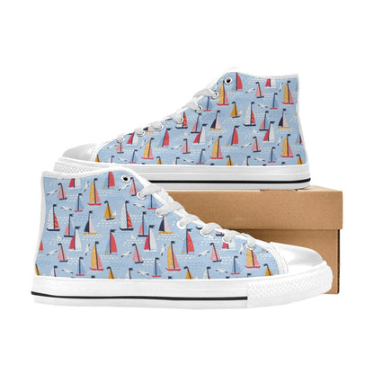 Sailboat Print Design LKS304 High Top Women's White Shoes