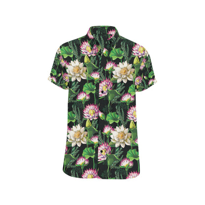 Water Lily Pattern Print Design WL010 Men's Short Sleeve Button Up Shirt