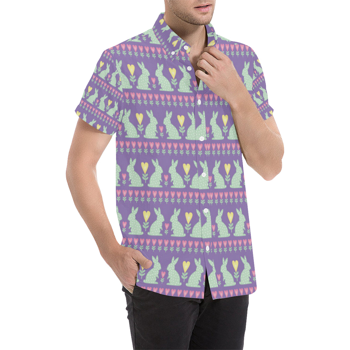 Rabbit Pattern Print Design RB01 Men's Short Sleeve Button Up Shirt