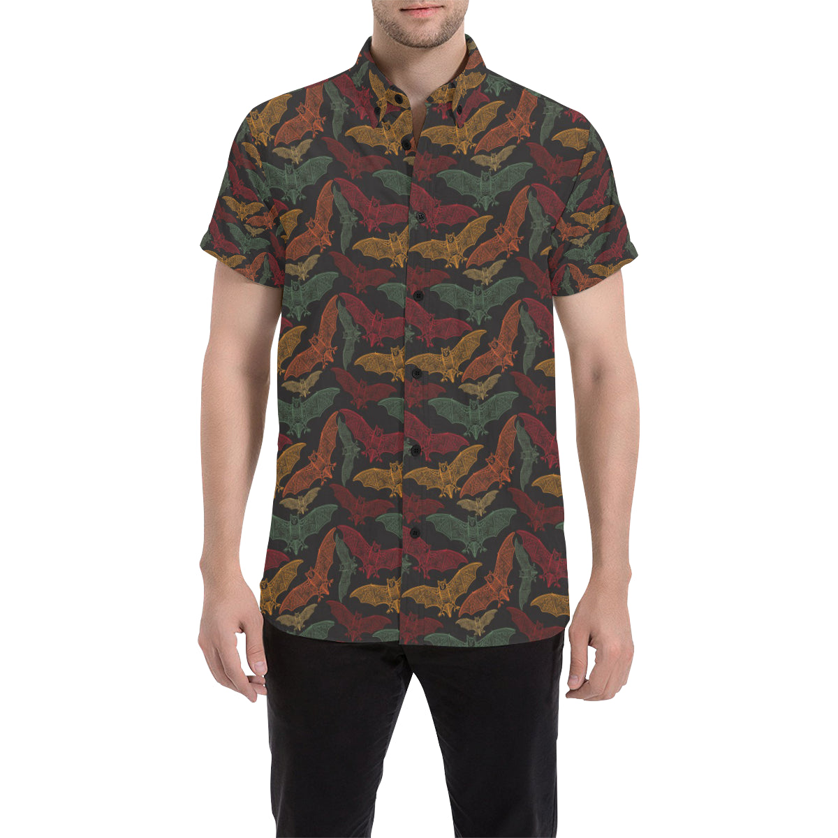 Bat Tribal Pattern Print Design 03 Men's Short Sleeve Button Up Shirt