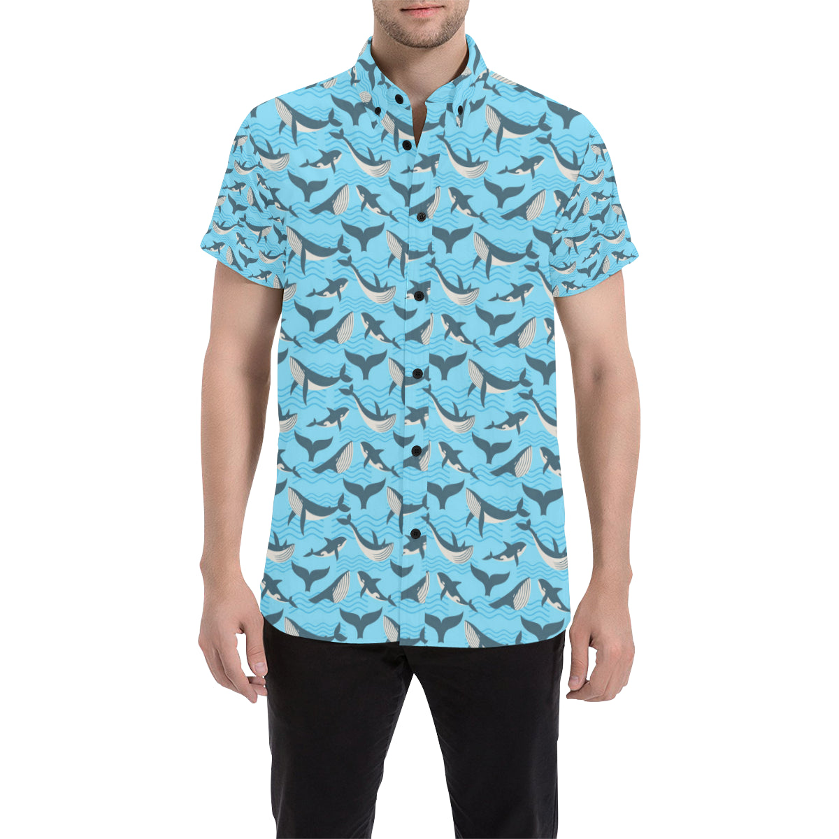 Whale Pattern Design Themed Print Men's Short Sleeve Button Up Shirt