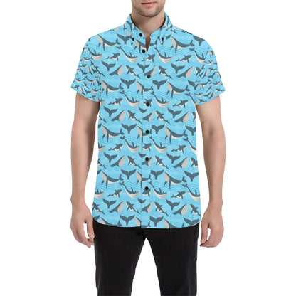 Whale Pattern Design Themed Print Men's Short Sleeve Button Up Shirt