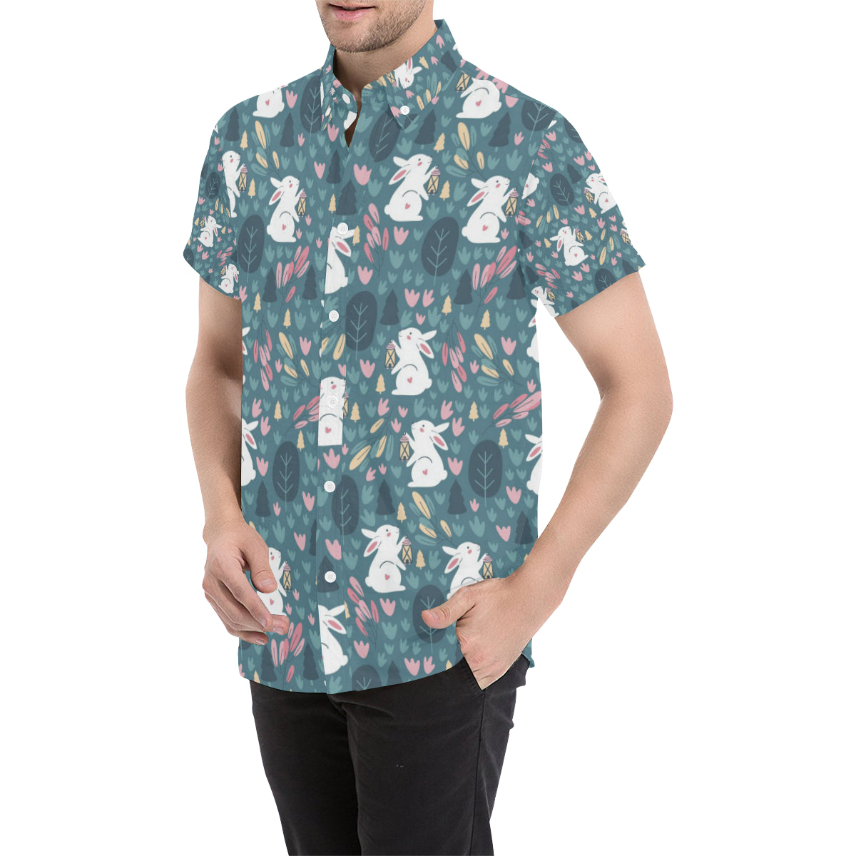 Rabbit Pattern Print Design RB013 Men's Short Sleeve Button Up Shirt