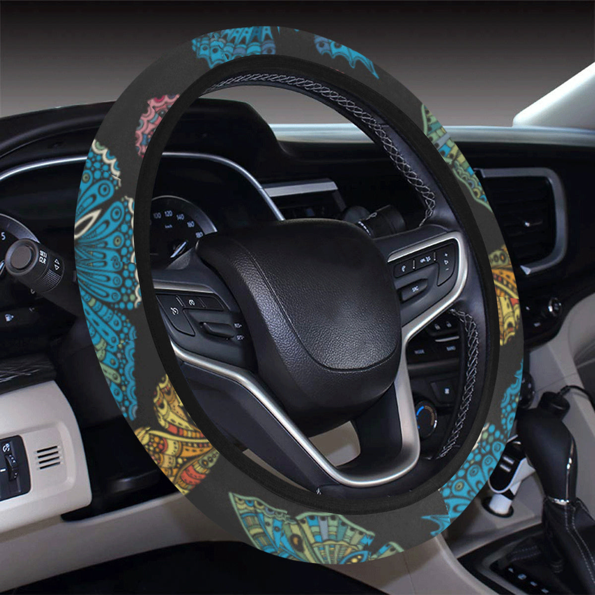 Butterfly Mandala Style Steering Wheel Cover with Elastic Edge