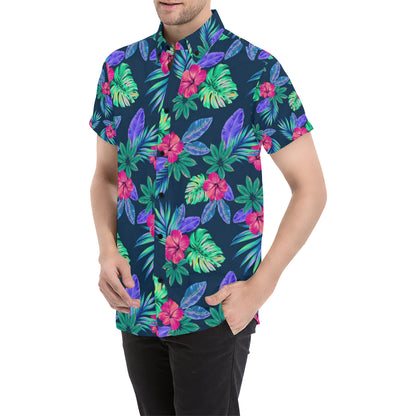 Tropical Flower Pattern Print Design TF09 Men's Short Sleeve Button Up Shirt