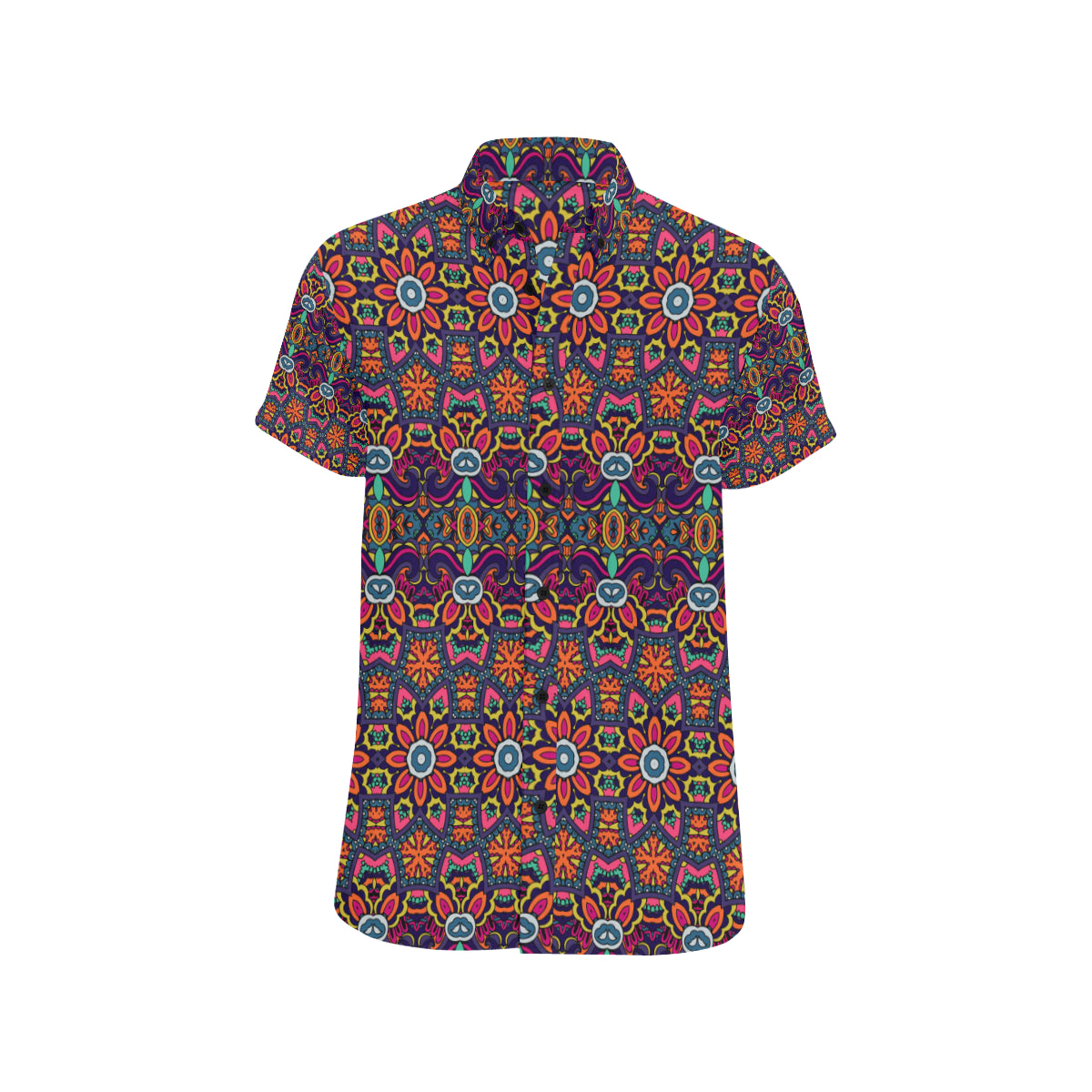 Ethnic Flower Style Print Pattern Men's Short Sleeve Button Up Shirt