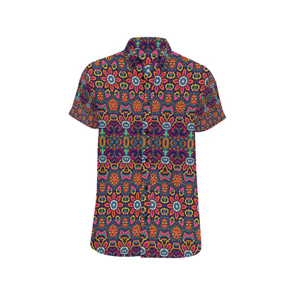 Ethnic Flower Style Print Pattern Men's Short Sleeve Button Up Shirt