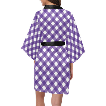 Gingham Purple Pattern Print Design 03 Women's Short Kimono