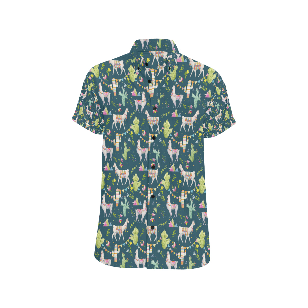 Llama with Cactus Design Print Men's Short Sleeve Button Up Shirt