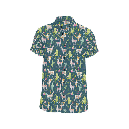 Llama with Cactus Design Print Men's Short Sleeve Button Up Shirt