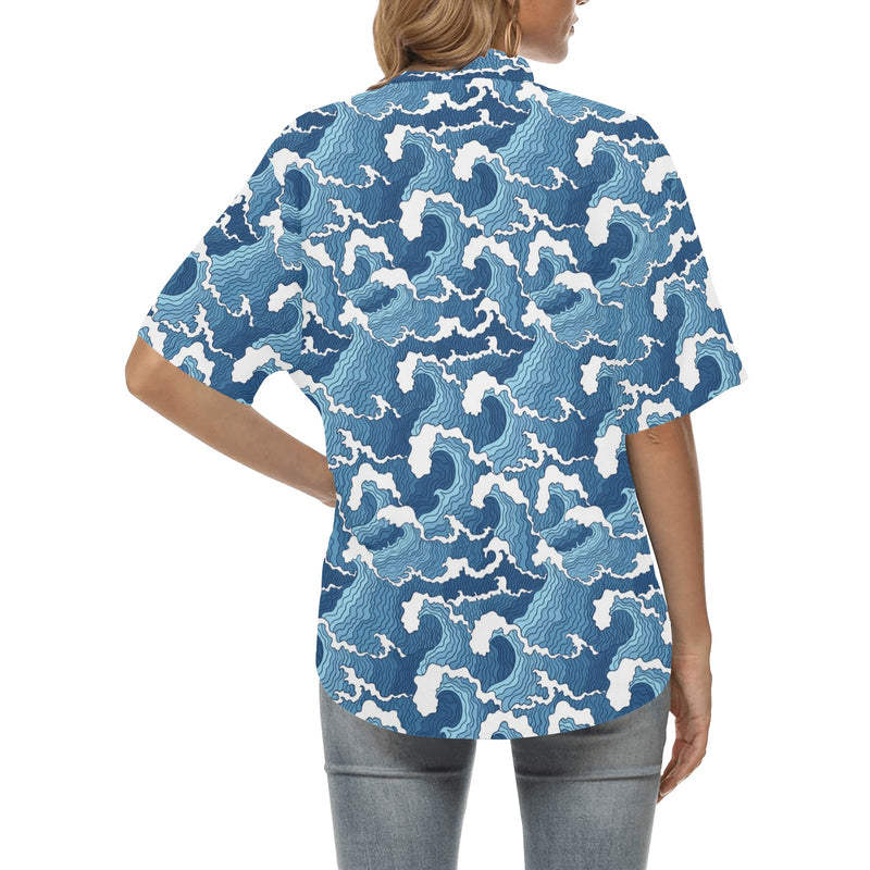Wave Themed Pattern Print Women's Hawaiian Shirt