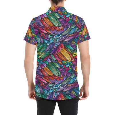 Feather Multicolor Design Print Men's Short Sleeve Button Up Shirt