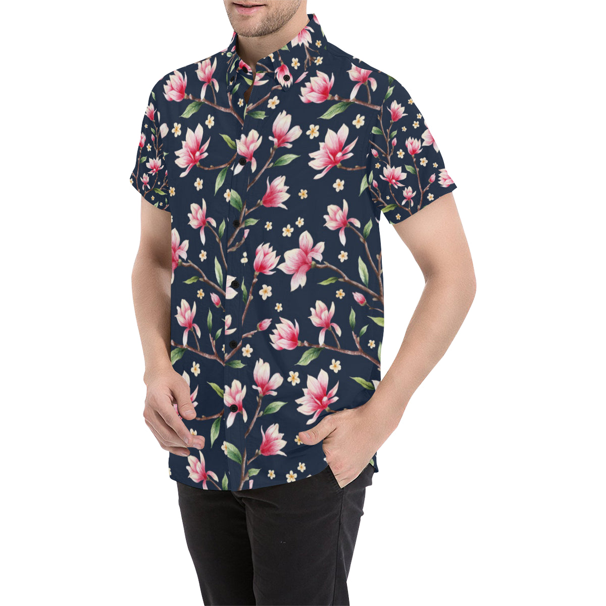 Magnolia Pattern Print Design MAG09 Men's Short Sleeve Button Up Shirt