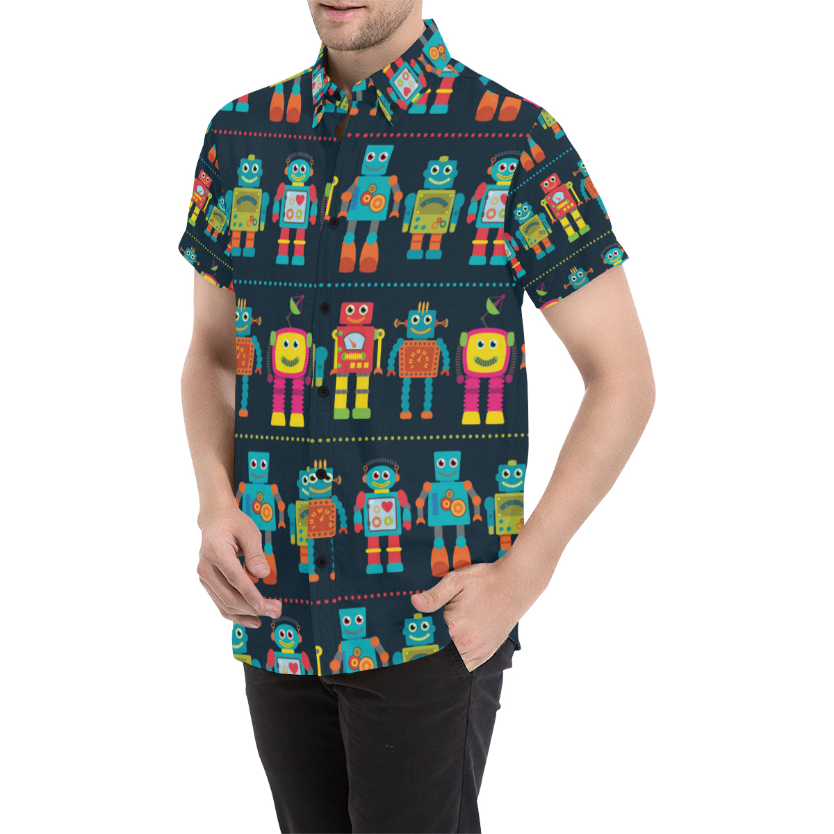 Robot Pattern Print Design A01 Men's Short Sleeve Button Up Shirt