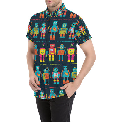 Robot Pattern Print Design A01 Men's Short Sleeve Button Up Shirt