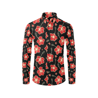 Red Hibiscus Pattern Print Design HB021 Men's Long Sleeve Shirt