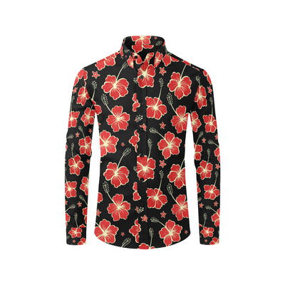 Red Hibiscus Pattern Print Design HB021 Men's Long Sleeve Shirt