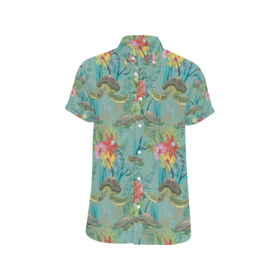 Sea Turtle Pattern Print Design T012 Men's Short Sleeve Button Up Shirt