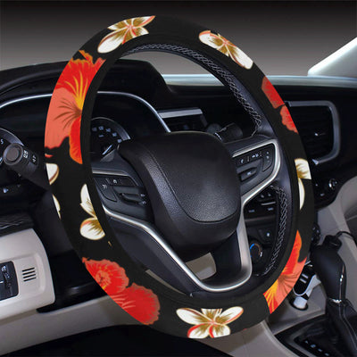 Red Hibiscus Pattern Print Design HB022 Steering Wheel Cover with Elastic Edge