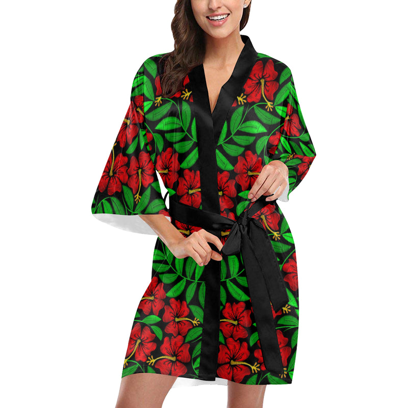 Red Hibiscus Embroidered Pattern Print Design HB03 Women Kimono Robe