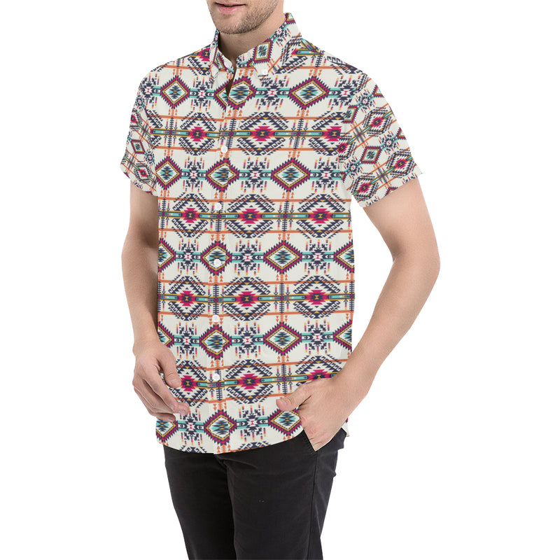 Indian Navajo Art Themed Design Print Men's Short Sleeve Button Up Shirt