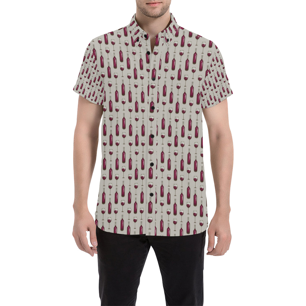 Wine Bottle Pattern Print Men's Short Sleeve Button Up Shirt