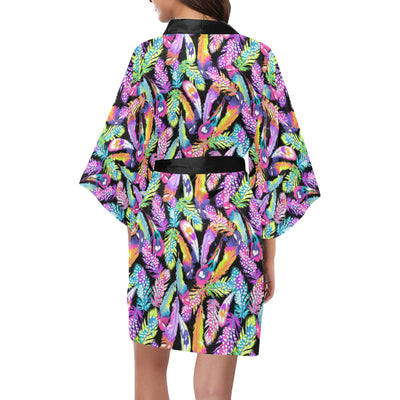 Neon Feather Pattern Print Design A02 Women's Short Kimono