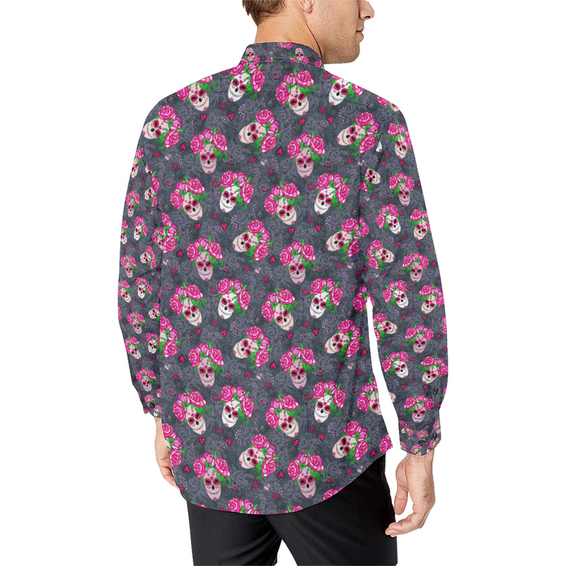 Sugar Skull Pink Rose Themed Print Men's Long Sleeve Shirt