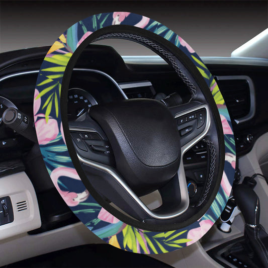 Flamingo Hibiscus Print Steering Wheel Cover with Elastic Edge