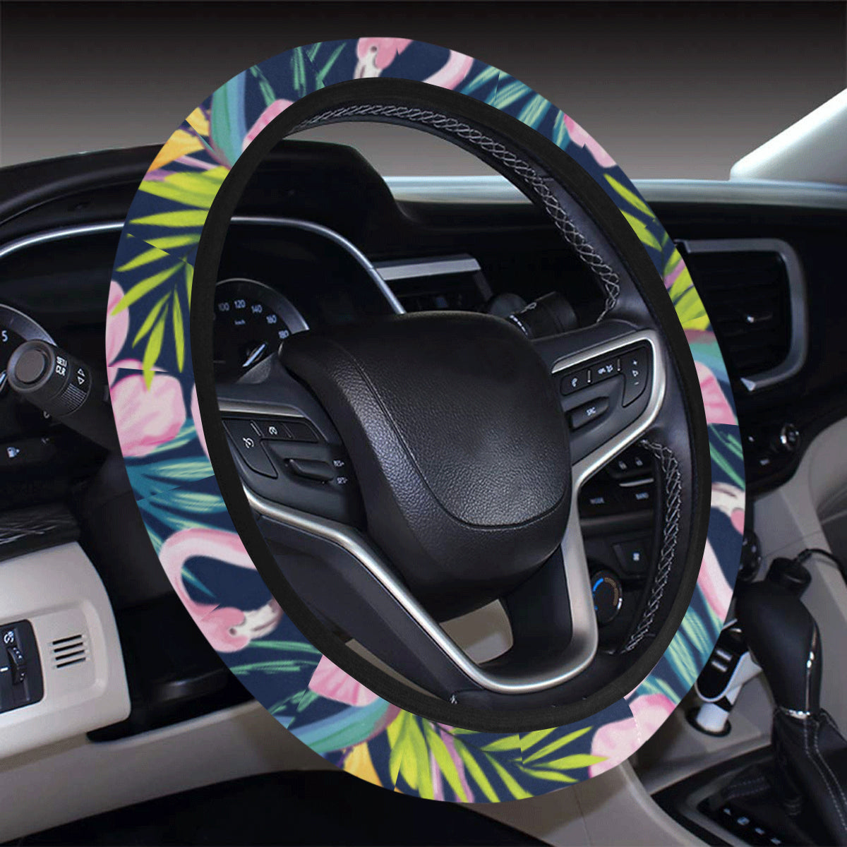 Flamingo Hibiscus Print Steering Wheel Cover with Elastic Edge