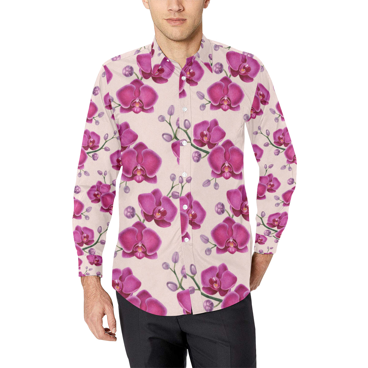 Orchid Pattern Print Design A02 Men's Long Sleeve Shirt