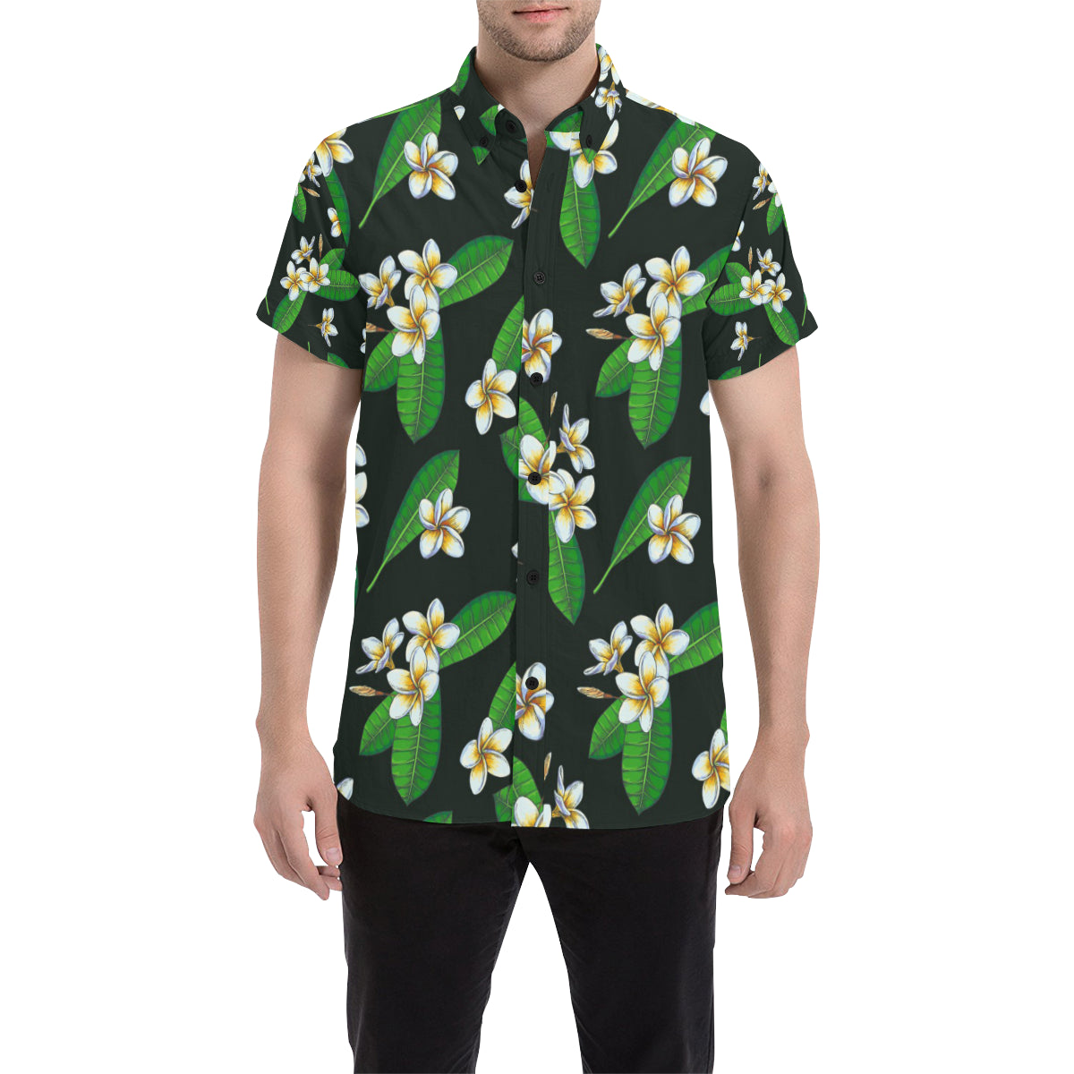 White Plumeria Pattern Print Design PM023 Men's Short Sleeve Button Up Shirt