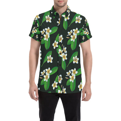 White Plumeria Pattern Print Design PM023 Men's Short Sleeve Button Up Shirt