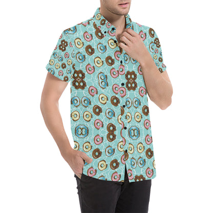Emoji Donut Print Pattern Men's Short Sleeve Button Up Shirt