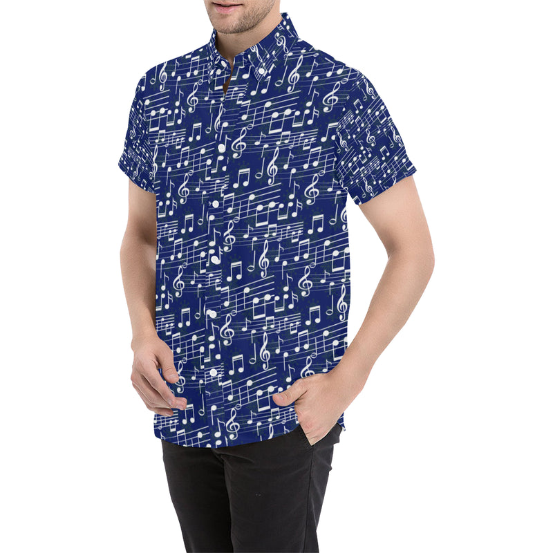 Music Note Blue Themed Print Men's Short Sleeve Button Up Shirt