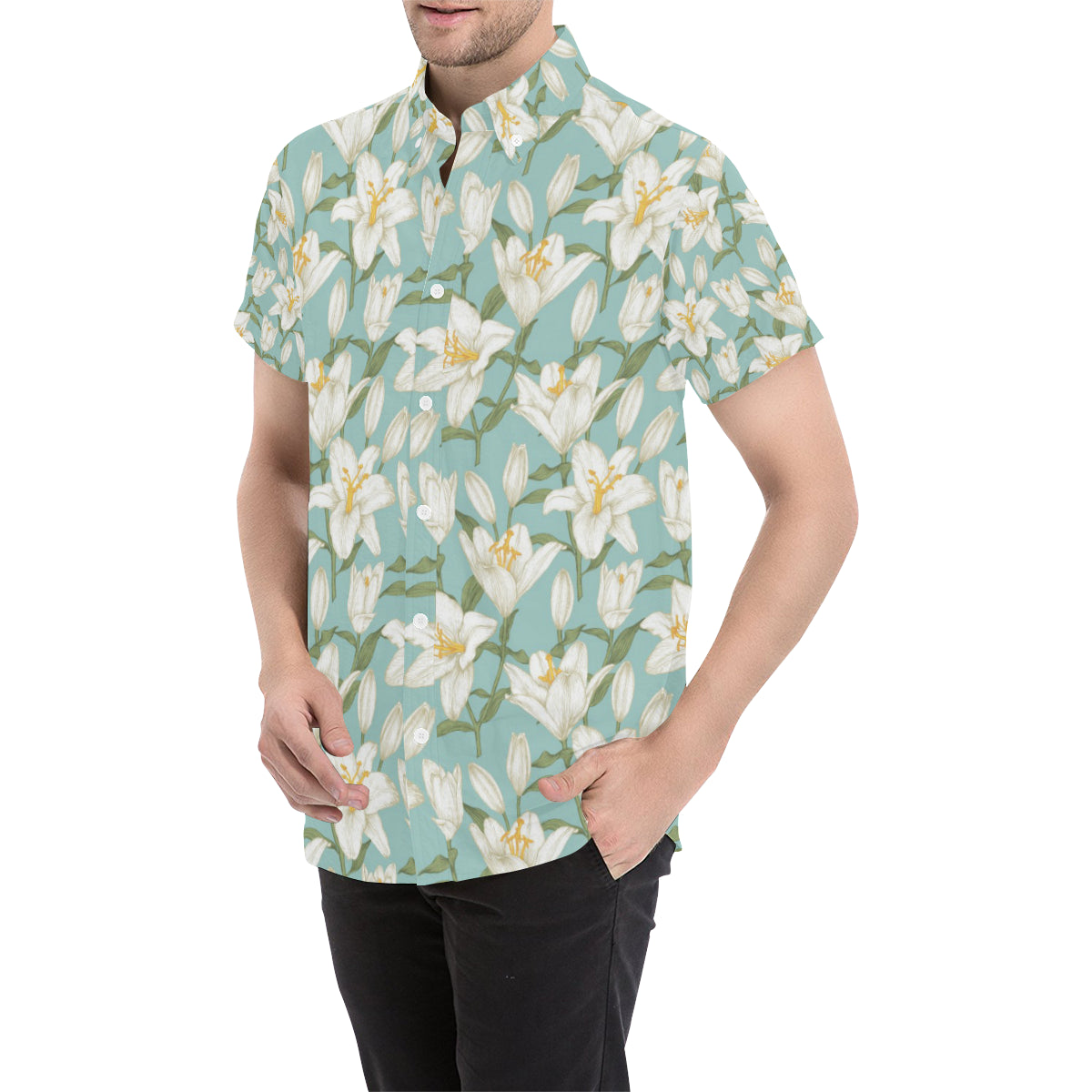 Lily Pattern Print Design LY09 Men's Short Sleeve Button Up Shirt