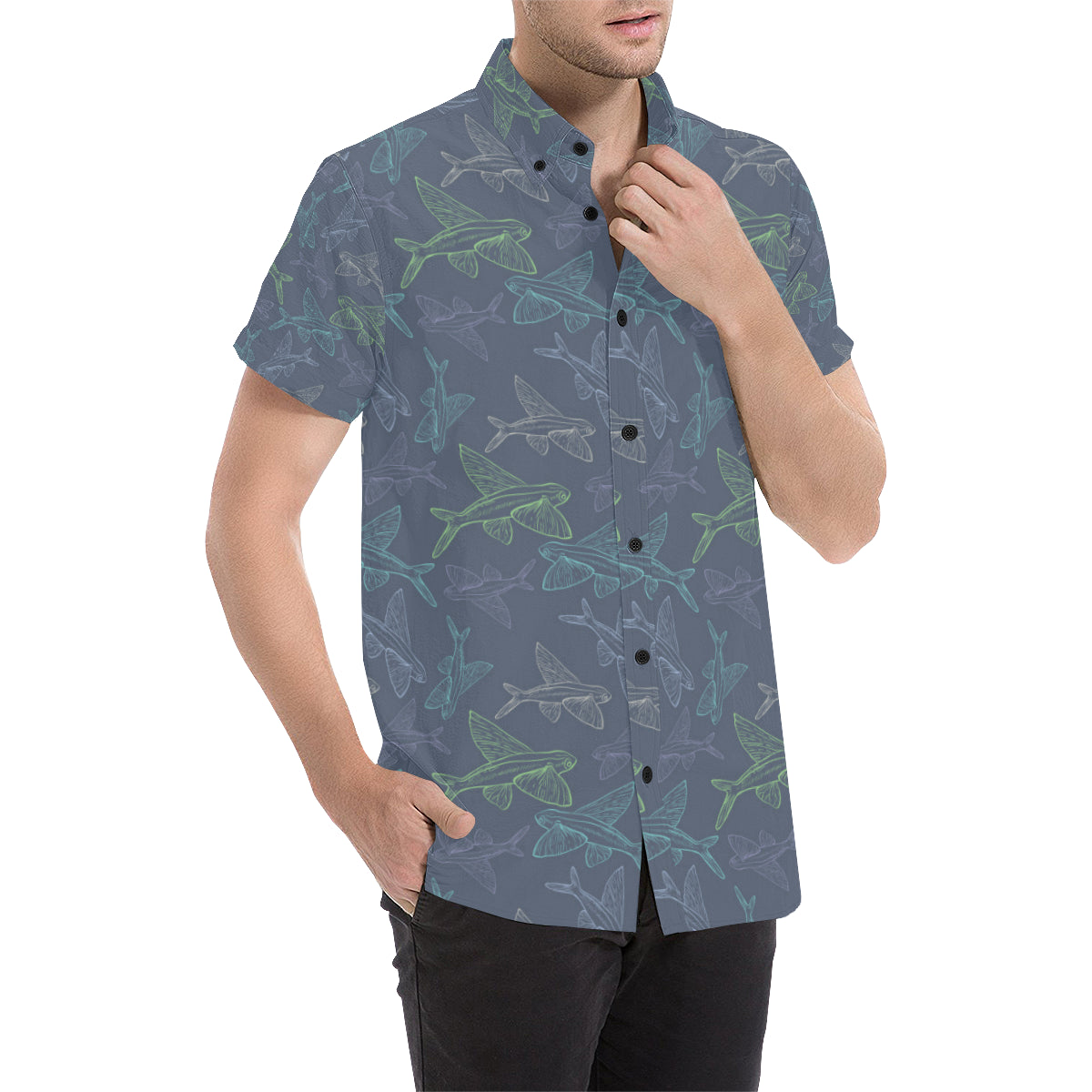 Flying Fish Pattern Print Design 02 Men's Short Sleeve Button Up Shirt